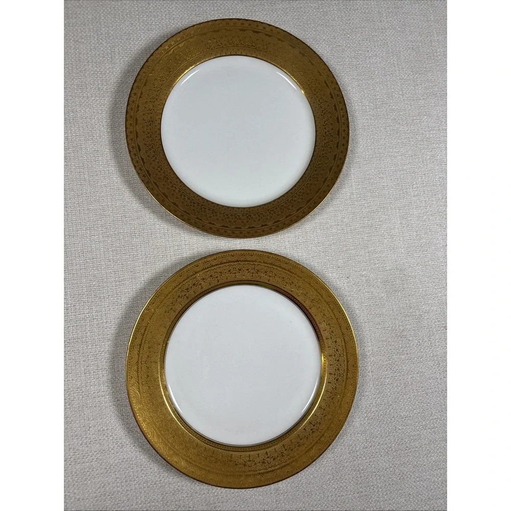 Pair Antique Jesse Dean JED-E-AN Limoges Porcelain Plates Heavy Gold 10 Inches